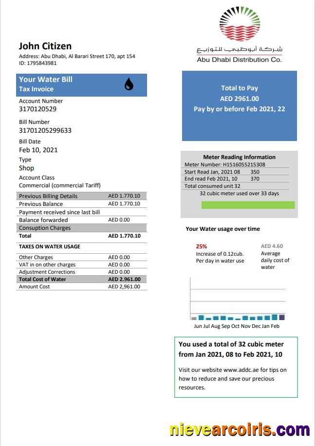 United Arab Emirates Abu Dhabi Distribution water utility bill